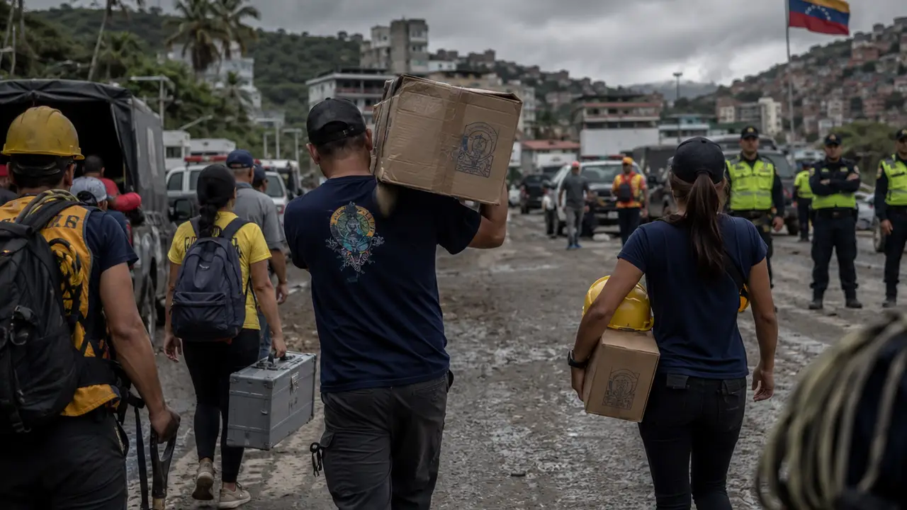 Voluntarios venezolanos llevando ayuda humanitaria hacia La Guaira en medio de controles de seguridad