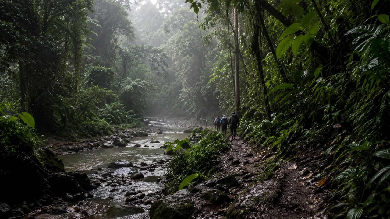 Paisaje realista de la selva del Darién con sendero, río y migrantes caminando en medio de la vegetación